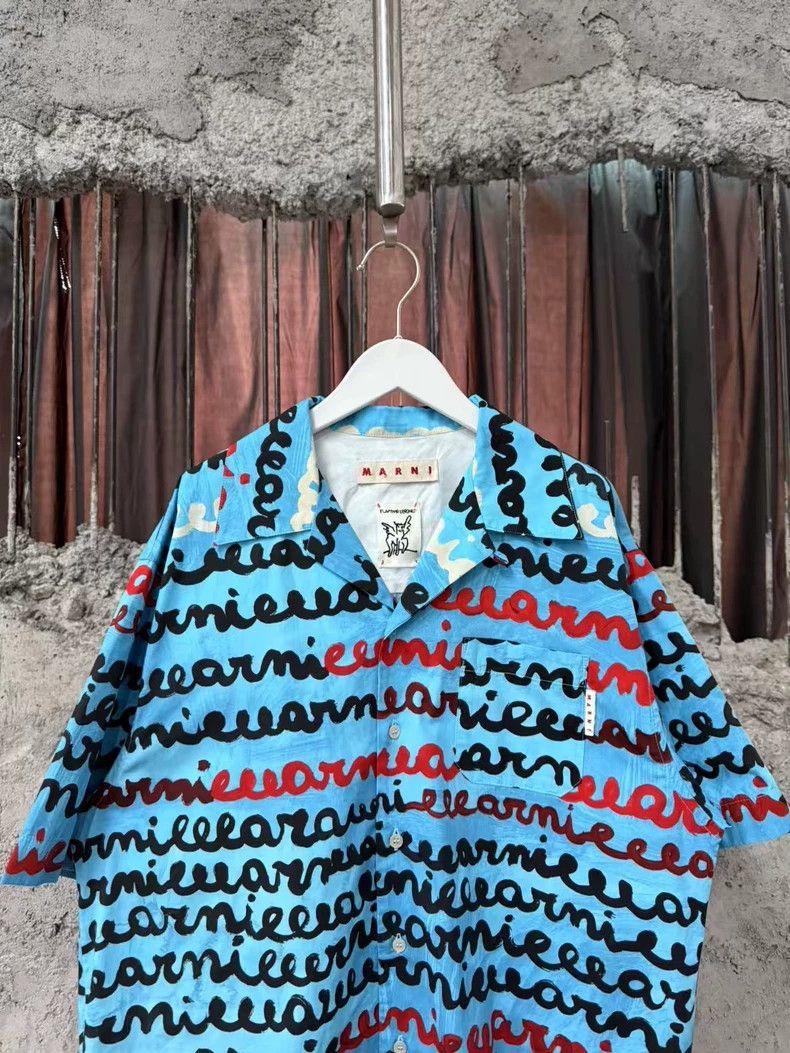 Marni Marni Blue Printed Graffiti Short Sleeve Shirt Size US M / EU 48-50 / 2 - 3 Thumbnail