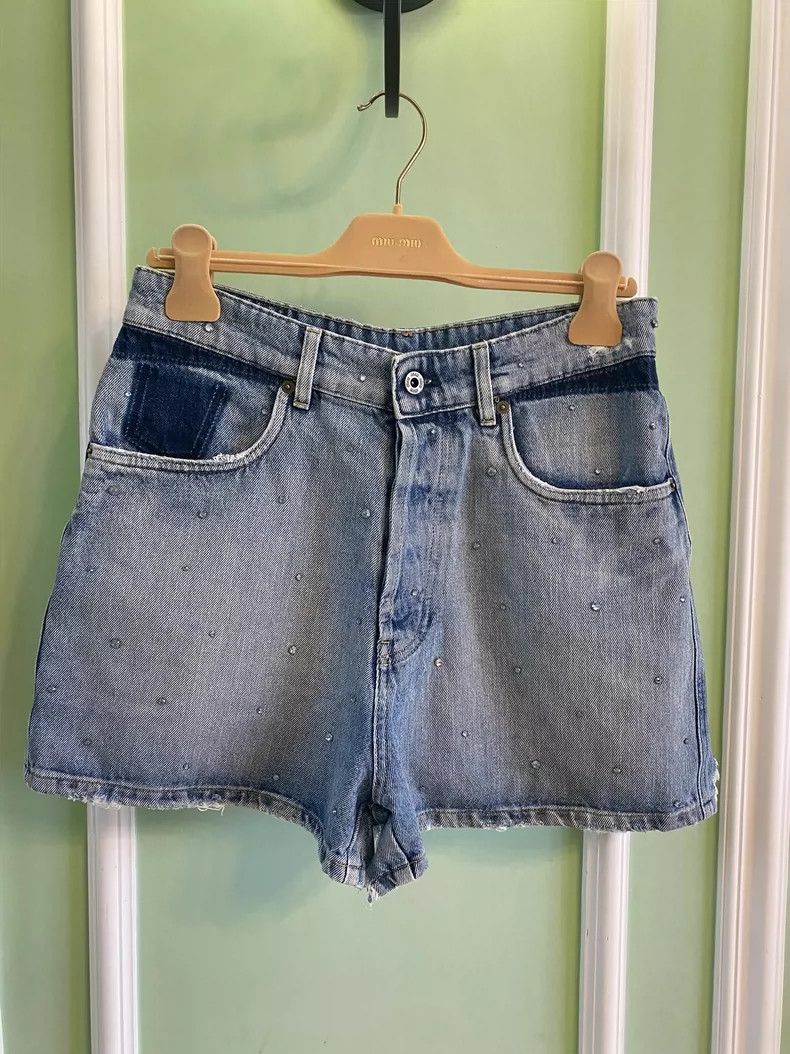 Prada Miu Miu Distressed Denim Shorts with Logo Size US 27 - 2 Thumbnail