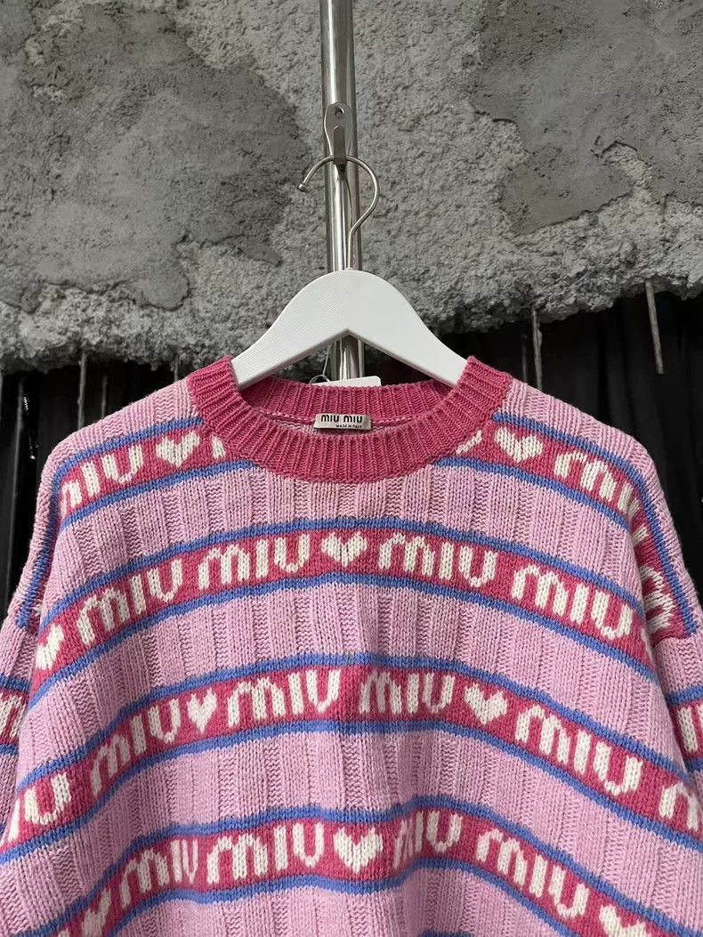Prada Miu Miu Pink Striped Heart Logo Sweater Size US M / EU 48-50 / 2 - 3 Thumbnail