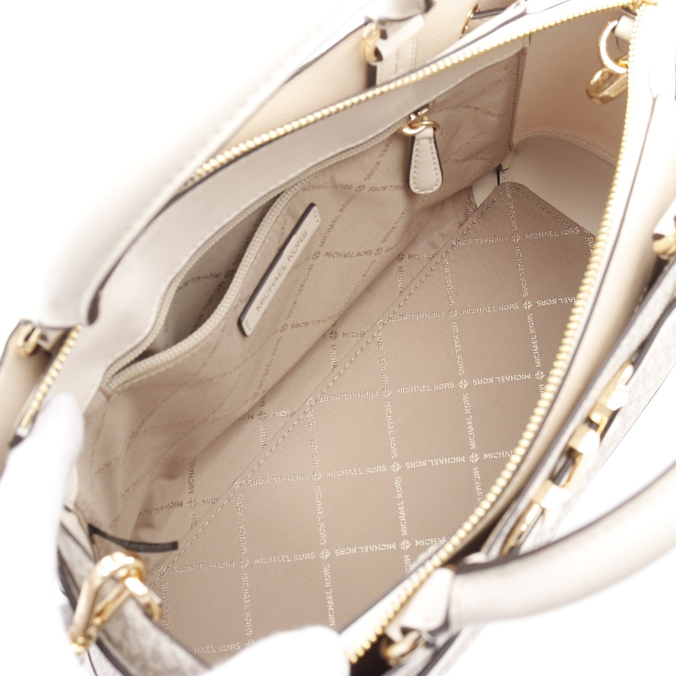 Michael Kors Michael Kors Reed · Centre Zip Belted Satchel Large Mk Signature Handbag Tote Bag Leather Ivory Brown Size ONE SIZE - 3 Thumbnail