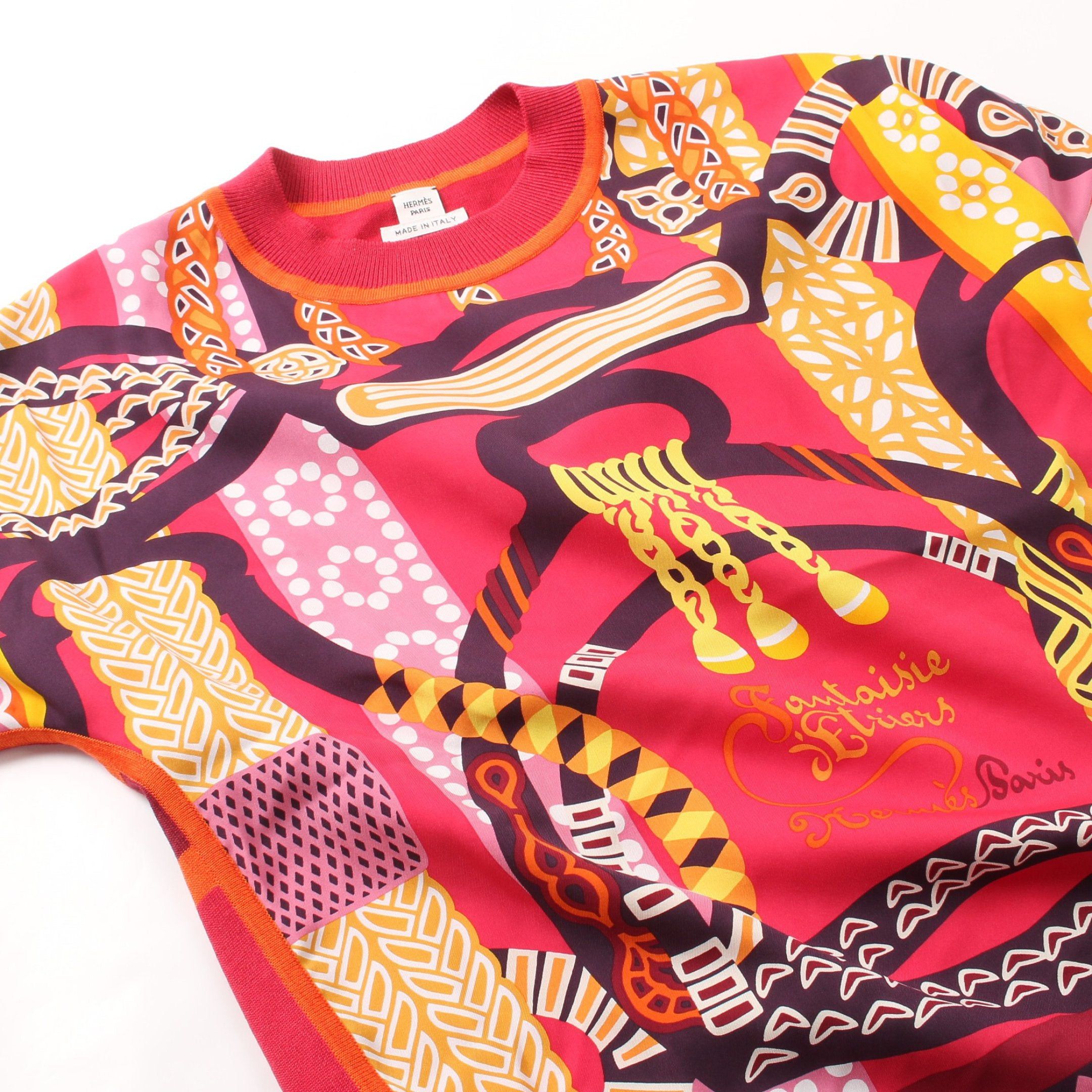 Hermes Hermes Fantaisie T-Shirt Cotton Twill Color-Block Silk Red Multicolor Size ONE SIZE - 8 Thumbnail