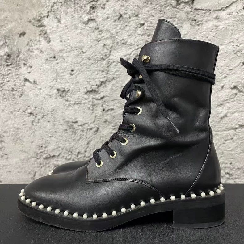 Jimmy Choo Stuart Weitzman Black Leather Boots with Pearls-yf Size US 5.5 / EU 38 - 2 Thumbnail