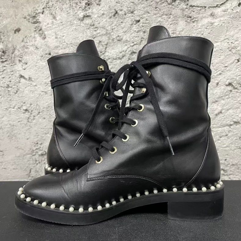 Jimmy Choo Stuart Weitzman Black Leather Boots with Pearls-yf Size US 5.5 / EU 38 - 5 Thumbnail