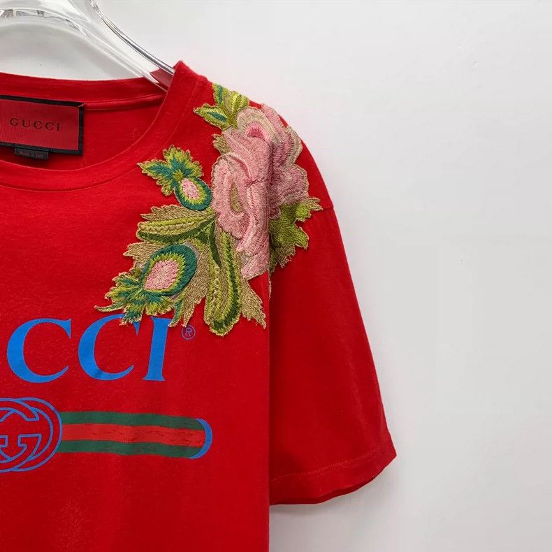 Gucci Gucci Red Logo Floral Embroidered T-shirt-yf Size US M / EU 48-50 / 2 - 3 Thumbnail