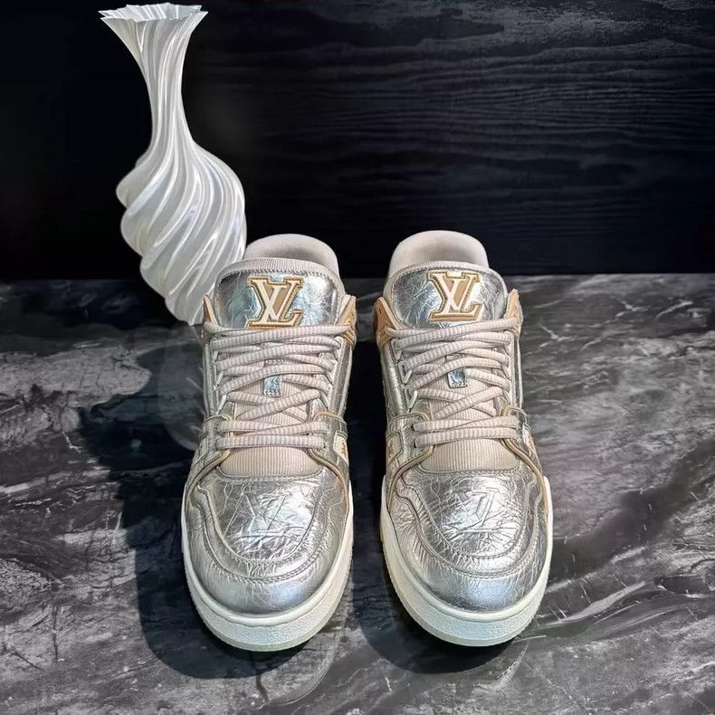 Louis Vuitton Silver Trainer Sneakers with Golden Accents-yf Size US 8.5 / EU 41-42 - 2 Thumbnail