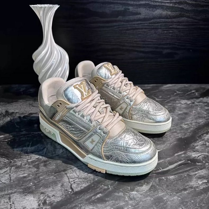 Louis Vuitton Silver Trainer Sneakers with Golden Accents-yf Size US 8.5 / EU 41-42 - 3 Thumbnail