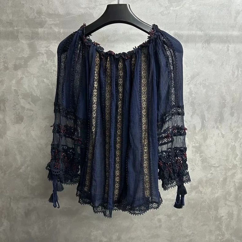 Chloe Blue Lace Striped Pattern Logo Long Sleeve Top-yf Size US S / EU 44-46 / 1 - 2 Thumbnail