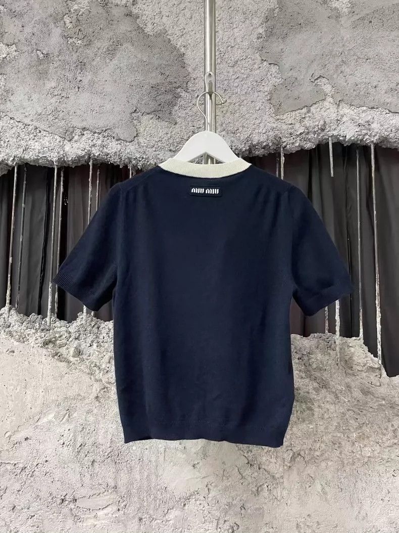 Miu Miu Miu Miu Short Sleeve Sweater in Dark Blue-yf Size US M / EU 48-50 / 2 - 2 Thumbnail