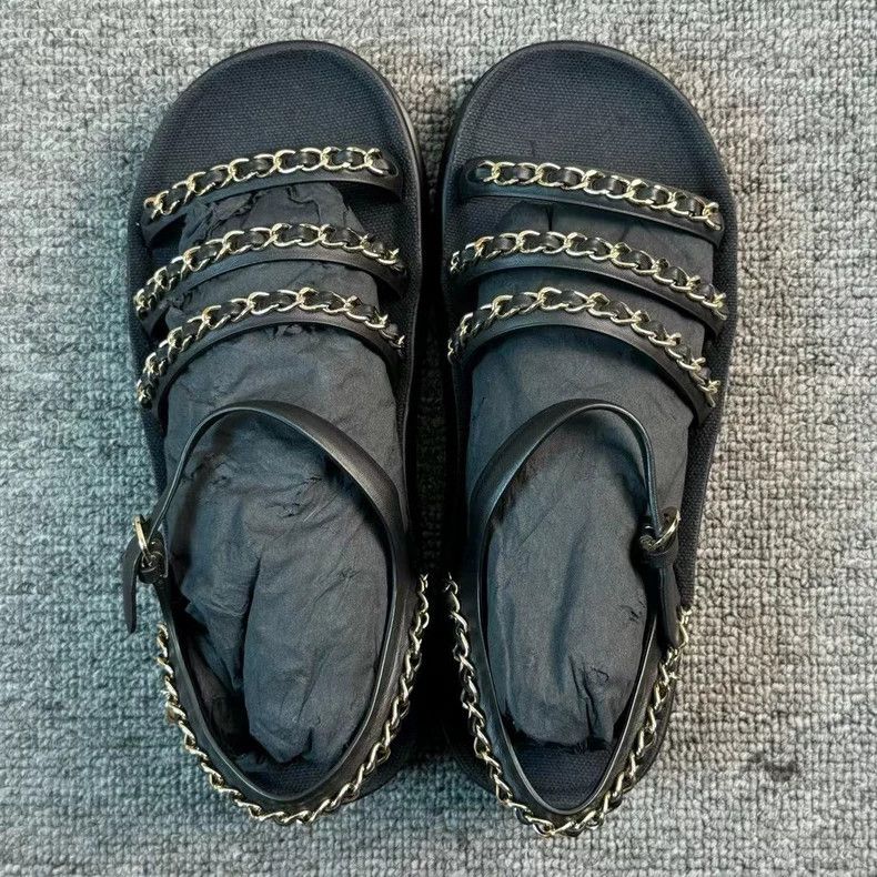 Chanel Chanel Black Gold Chain Logo Sandals-yf Size US 6 / EU 39 - 3 Thumbnail