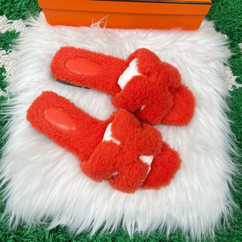 Hermes Hermes Orange Teddy Slippers Size 38-yf Size US 8 / EU 41 - 2 Thumbnail