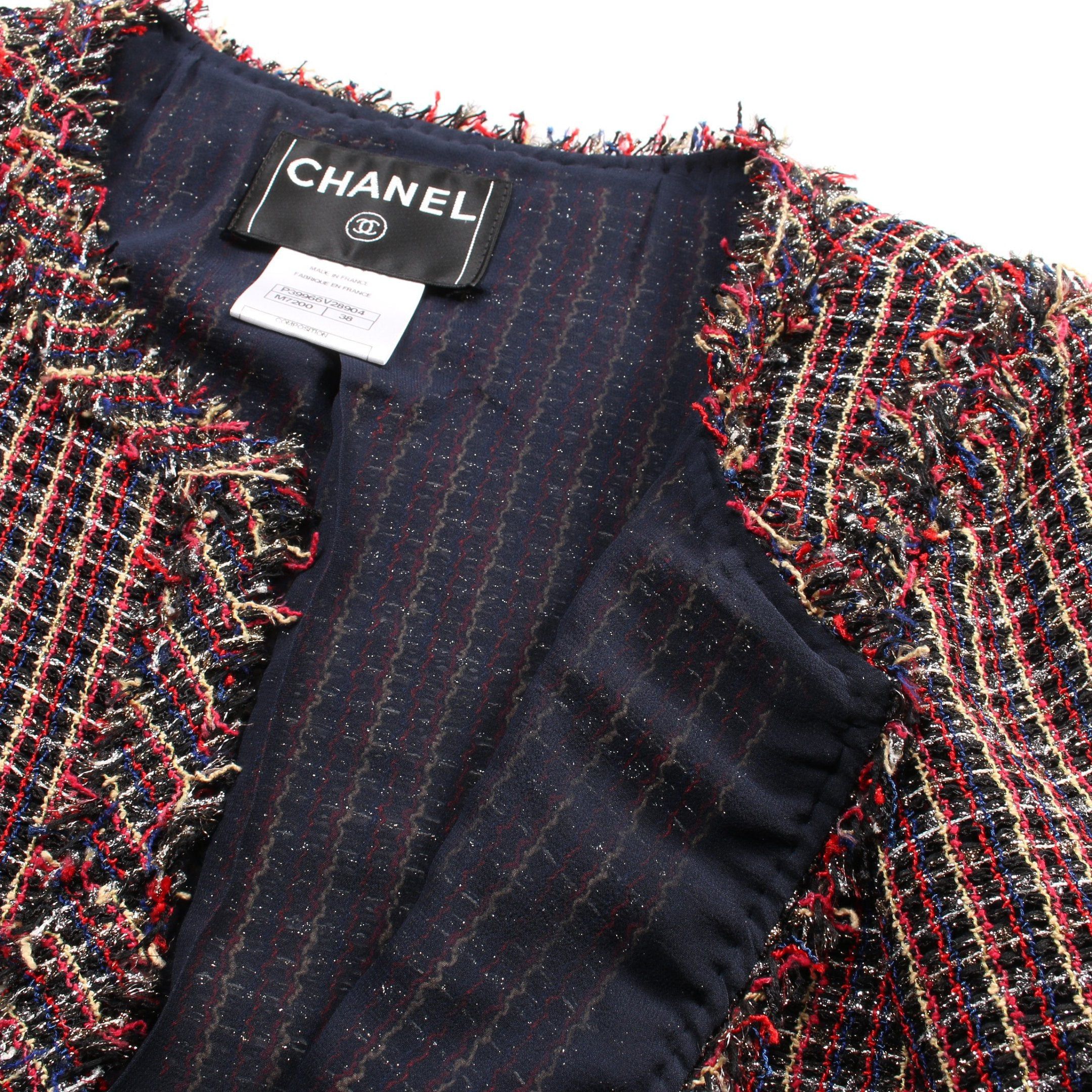 Chanel Chanel Short Tweed No-Collar Jacket Nylon Cotton Wool Black Red Multicolor Size ONE SIZE - 10 Thumbnail