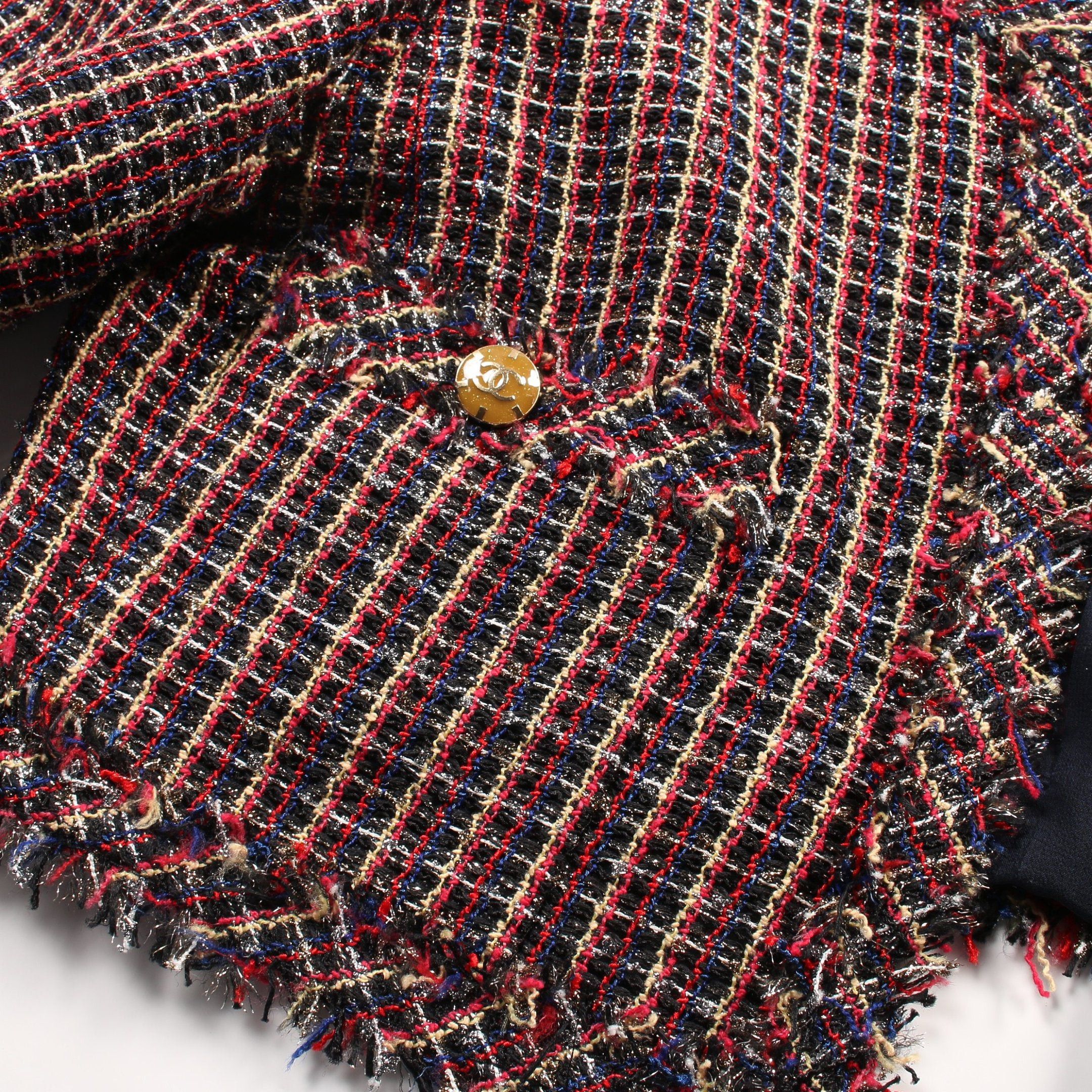 Chanel Chanel Short Tweed No-Collar Jacket Nylon Cotton Wool Black Red Multicolor Size ONE SIZE - 11 Thumbnail