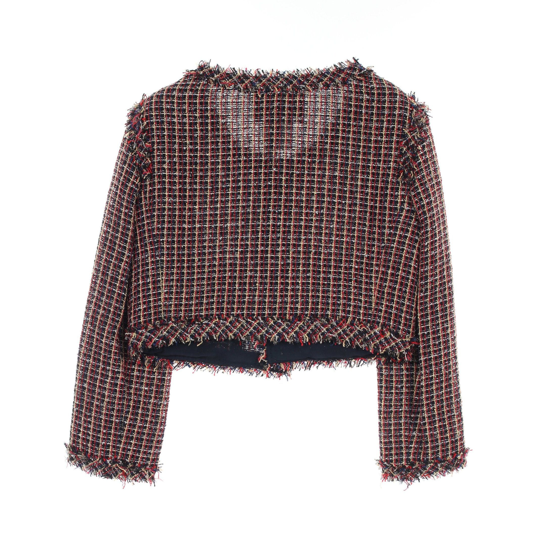 Chanel Chanel Short Tweed No-Collar Jacket Nylon Cotton Wool Black Red Multicolor Size ONE SIZE - 2 Thumbnail