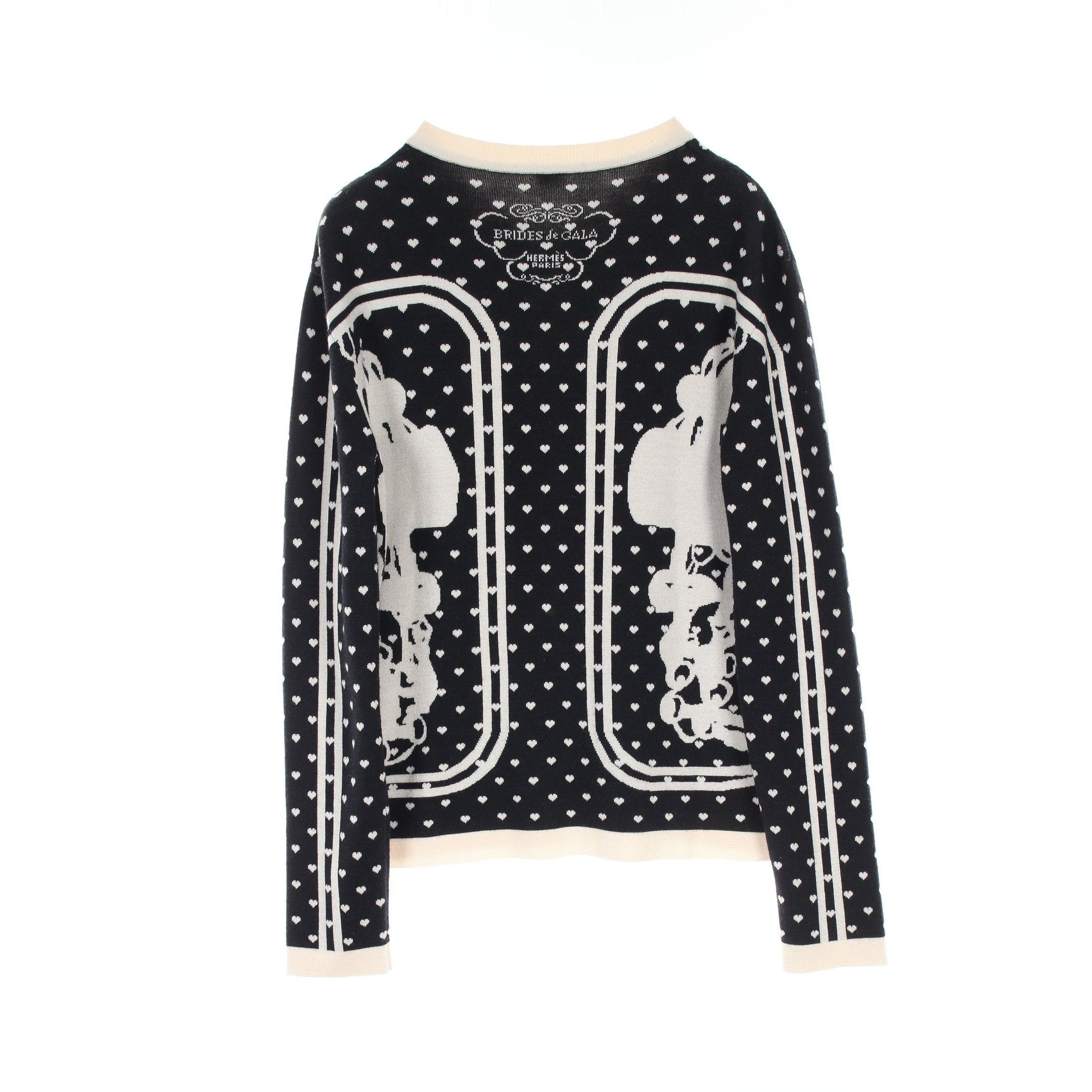 Hermes Hermes Brides De Gala Cardigan Crew Neck Heart Cashmere Silk Black Off White Size ONE SIZE - 2 Thumbnail