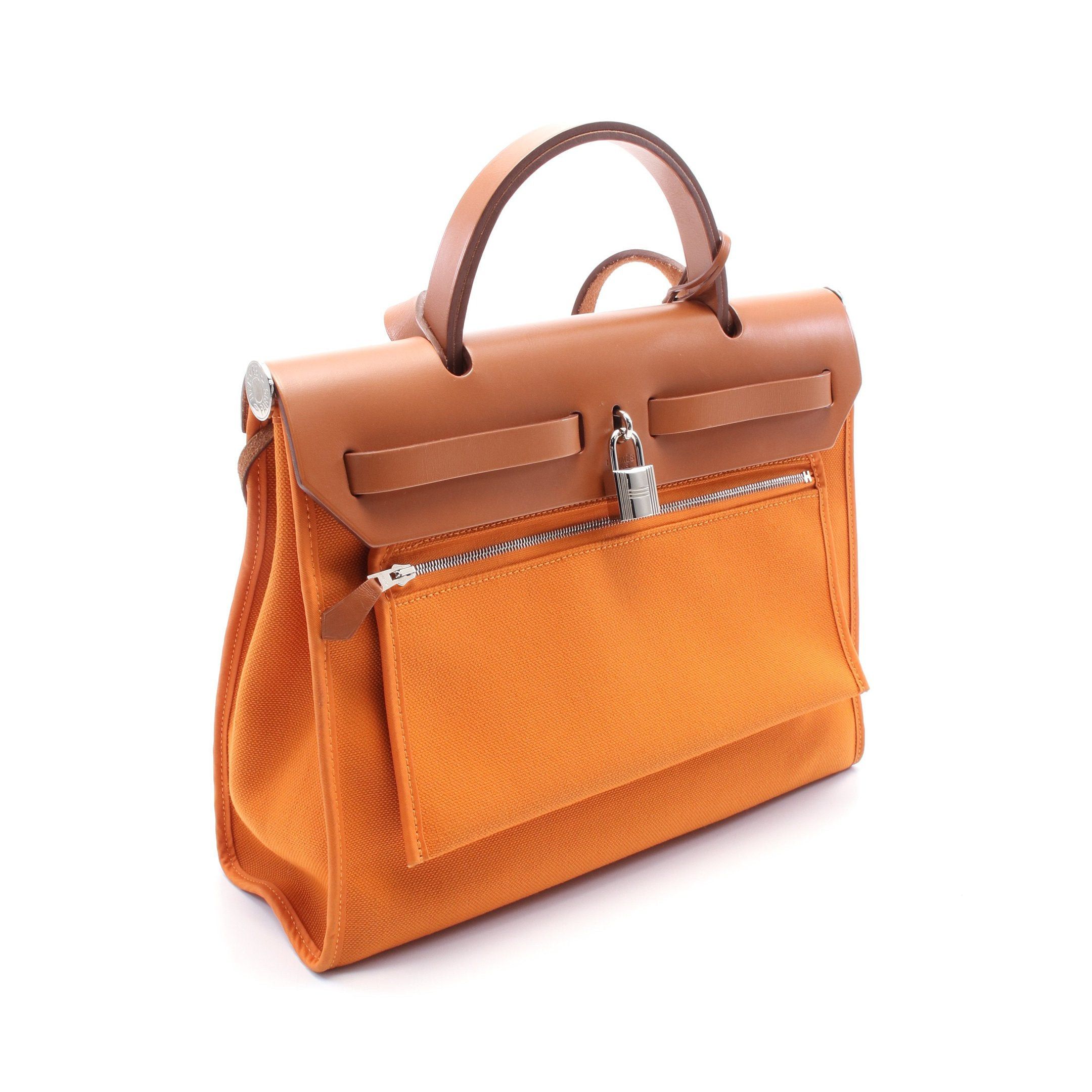 Hermes Hermes Herbag Zip Pm Handbag Toile Ash Leather Orange Brown Silver Hardware C Engraved Size ONE SIZE - 2 Thumbnail