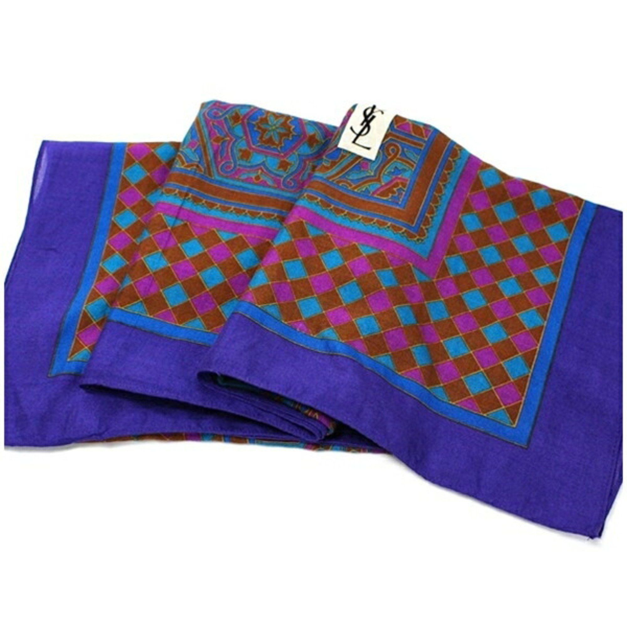 Yves Saint Laurent Yves Saint Laurent Wool Silk Large Scarf Muffler Purple x Blue YVES SAINT LAURENT Women's Size ONE SIZE - 8 Thumbnail
