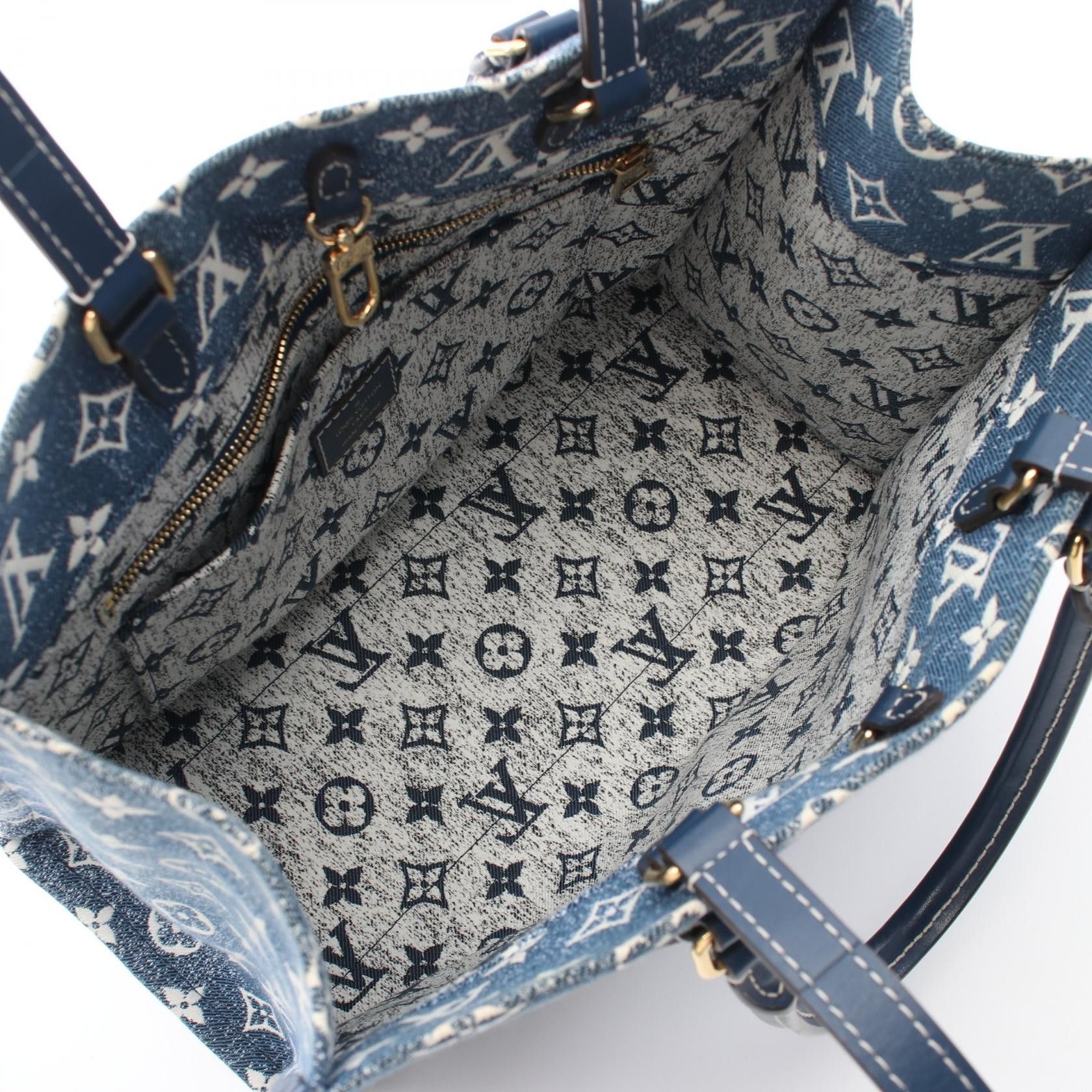 Louis Vuitton Louis Vuitton On-The-Go Mm Monogram Jacquard Denim Shoulder Bag Tote Leather Blue White Navy Size ONE SIZE - 3 Thumbnail