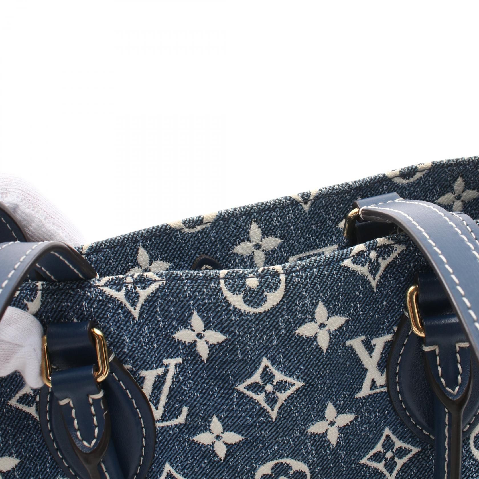Louis Vuitton Louis Vuitton On-The-Go Mm Monogram Jacquard Denim Shoulder Bag Tote Leather Blue White Navy Size ONE SIZE - 8 Thumbnail