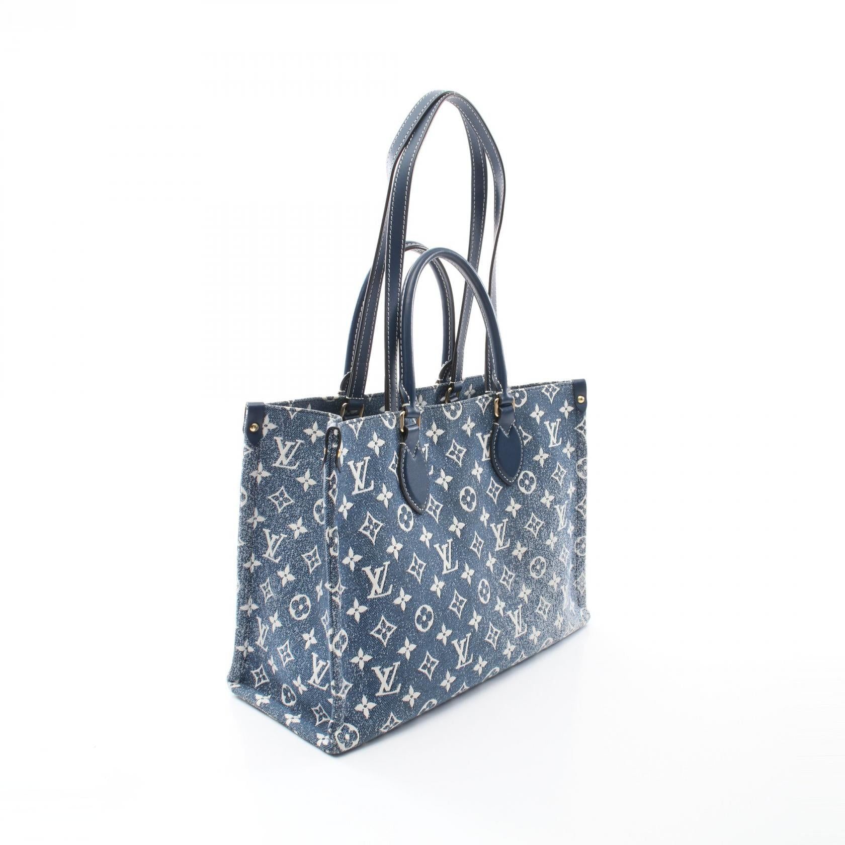 Louis Vuitton Louis Vuitton On-The-Go Mm Monogram Jacquard Denim Shoulder Bag Tote Leather Blue White Navy Size ONE SIZE - 2 Thumbnail