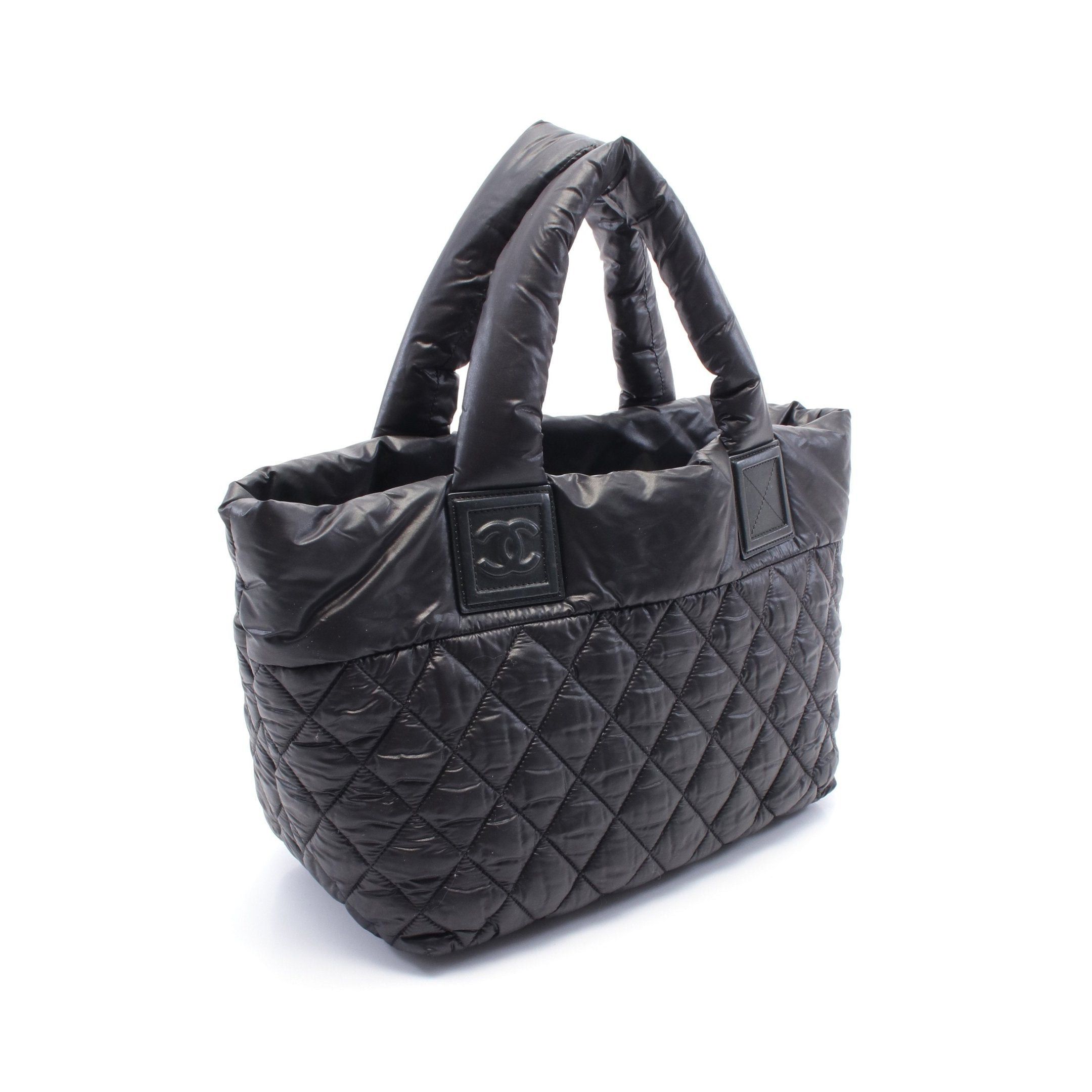 Chanel Coco Coon Small Handbag Tote Bag Nylon Leather Black Silver Hardware
