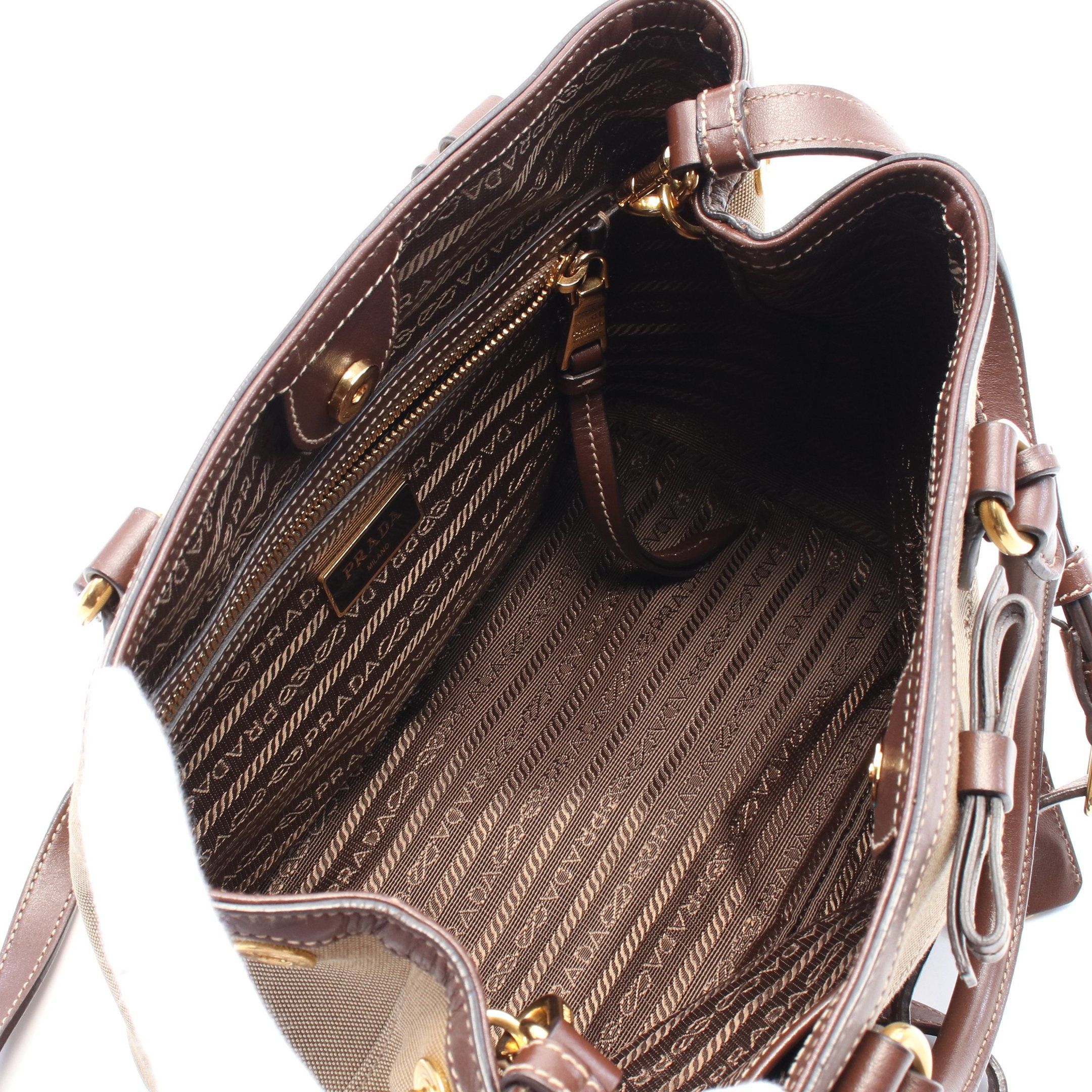 Prada Prada Logo Jacquard Handbag Canvas Leather Khaki Brown Size ONE SIZE - 3 Thumbnail