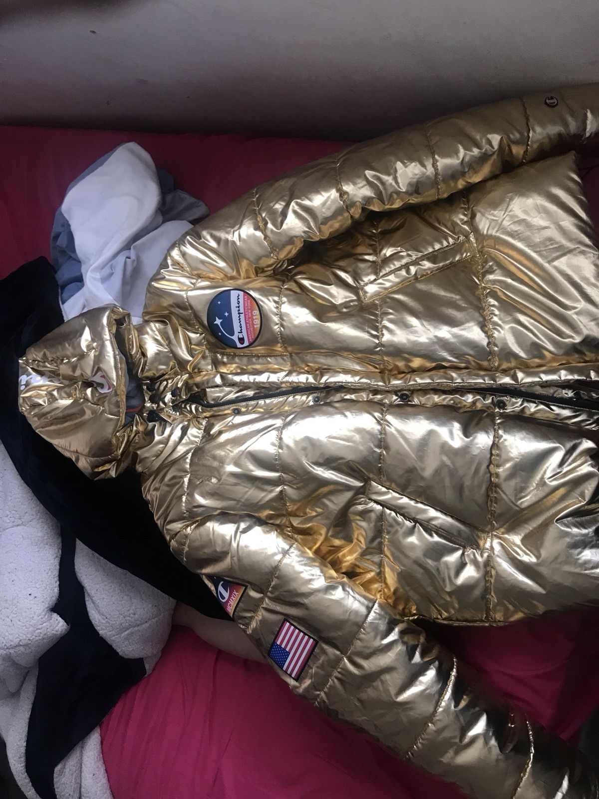 Champion metallic sales puffer jacket gold