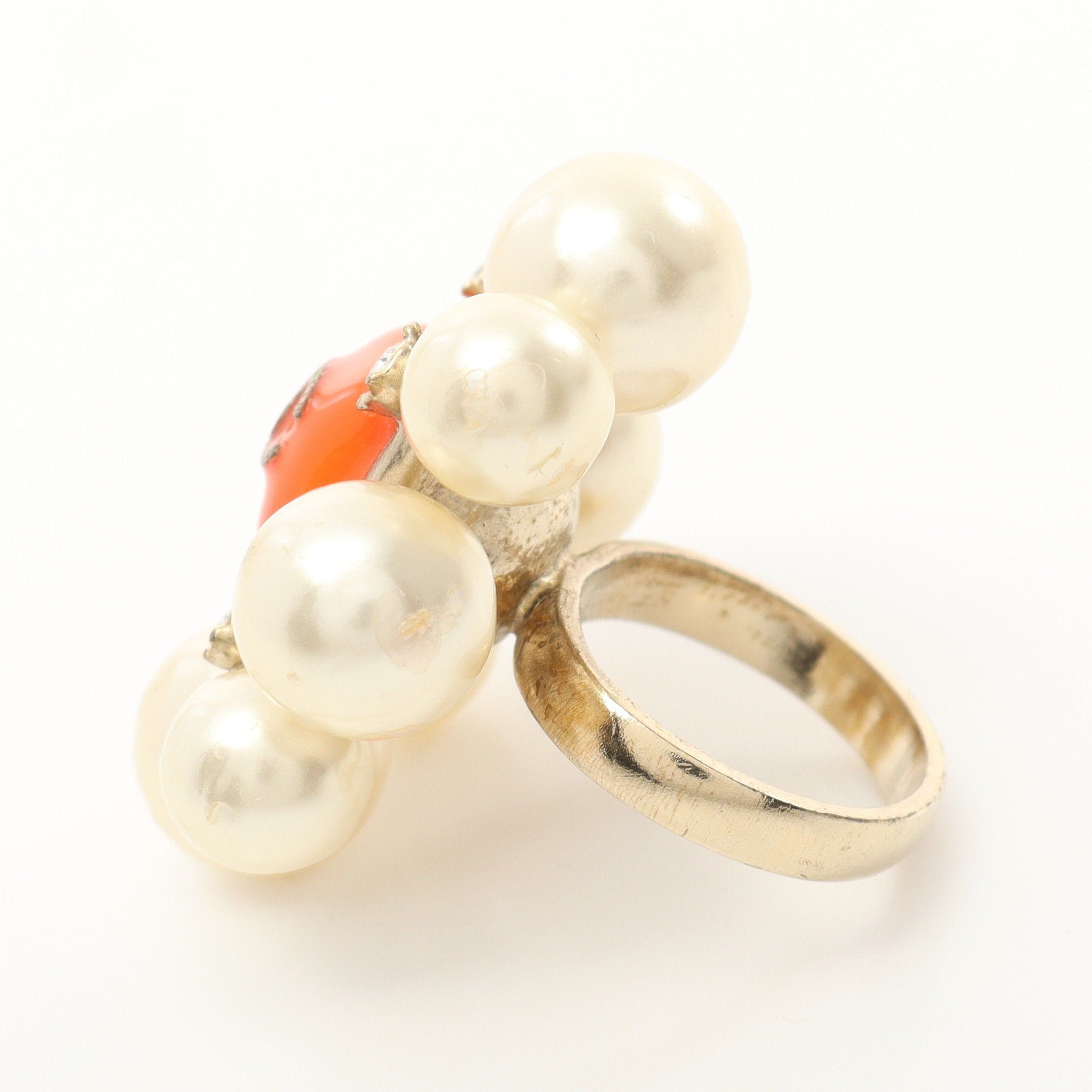 Chanel Chanel Coco Mark Ring Gp Fake Pearl Rhinestone Gold Off White Orange A14K Size ONE SIZE - 2 Thumbnail