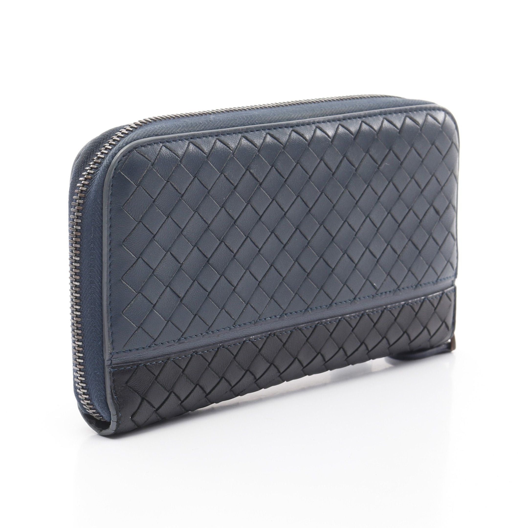 Bottega Veneta Bottega Veneta Intrecciato Round Zipper Long Wallet Bicolor Leather Dark Blue Black Size ONE SIZE - 2 Thumbnail