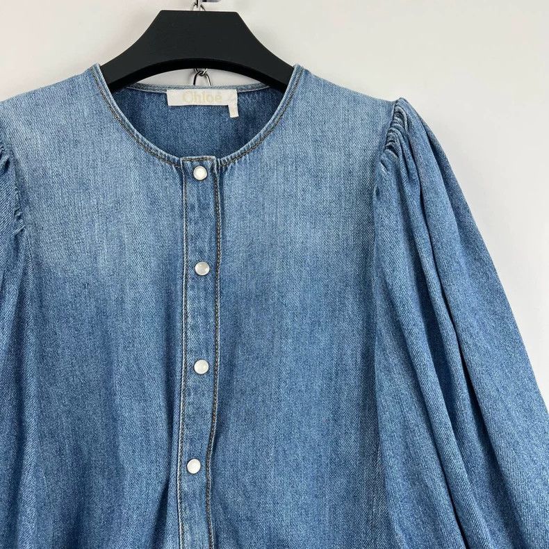 Chloe Blue Denim Puff Sleeve Top Size S / US 4 / IT 40 - 5 Thumbnail