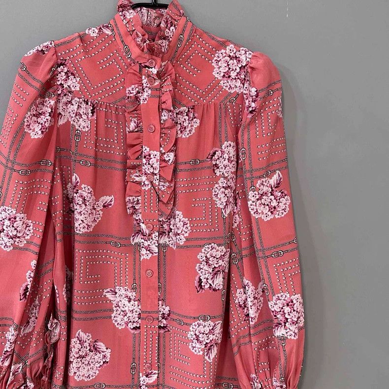 Gucci Pink Floral Silk Blouse with Ruffle Details Size S / US 4 / IT 40 - 2 Thumbnail