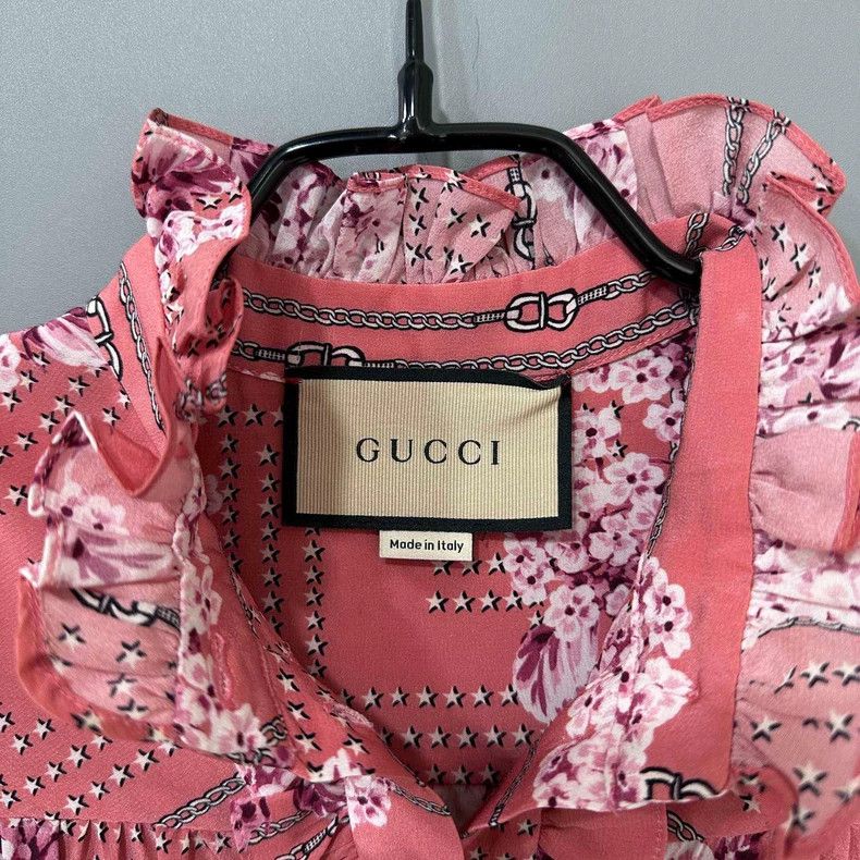 Gucci Pink Floral Silk Blouse with Ruffle Details Size S / US 4 / IT 40 - 4 Thumbnail