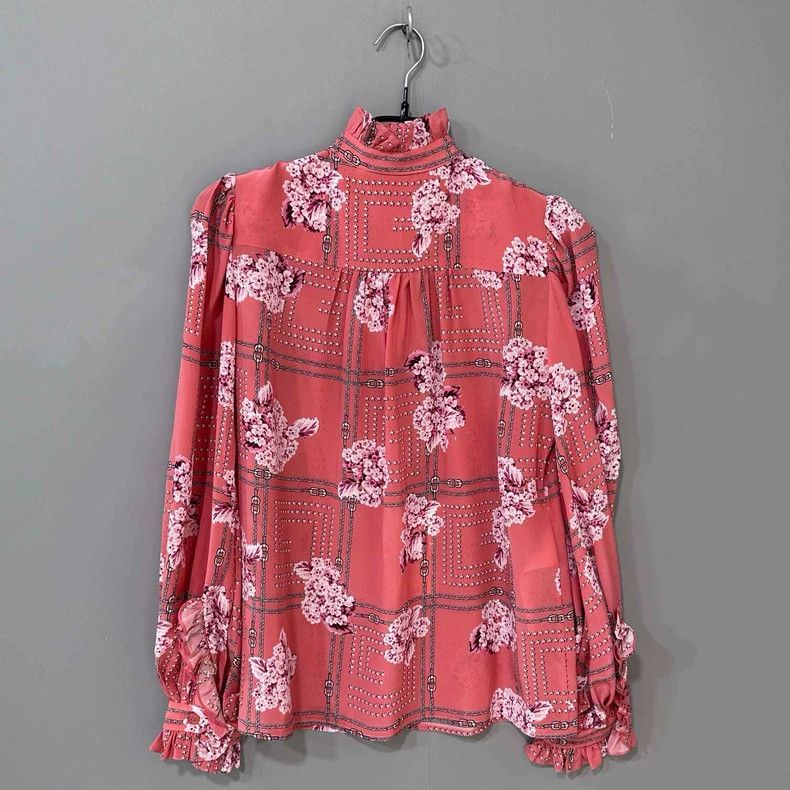 Gucci Pink Floral Silk Blouse with Ruffle Details Size S / US 4 / IT 40 - 3 Thumbnail
