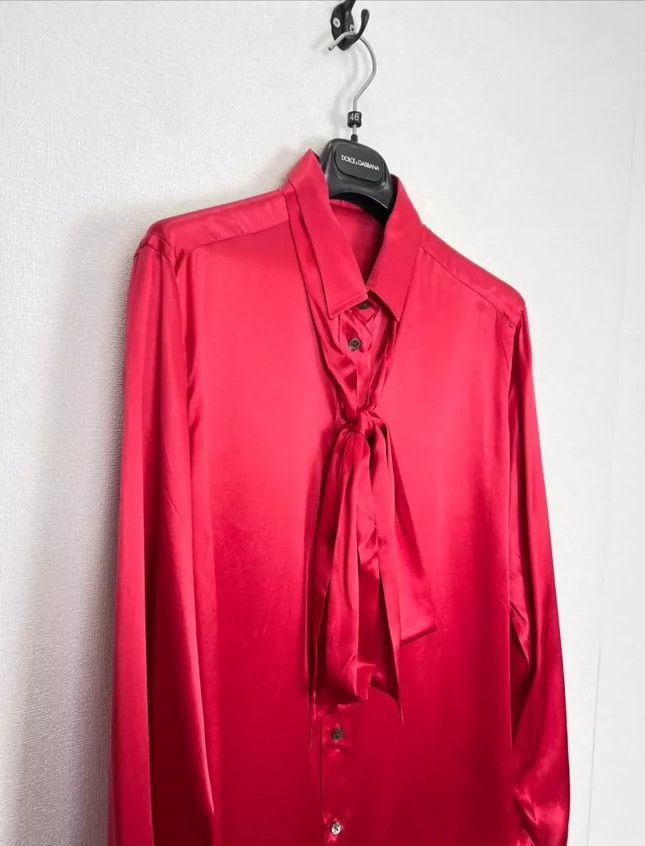 Dolce & Gabbana Red Satin Silk Shirt with Bow Tie Size M / US 6-8 / IT 42-44 - 6 Thumbnail