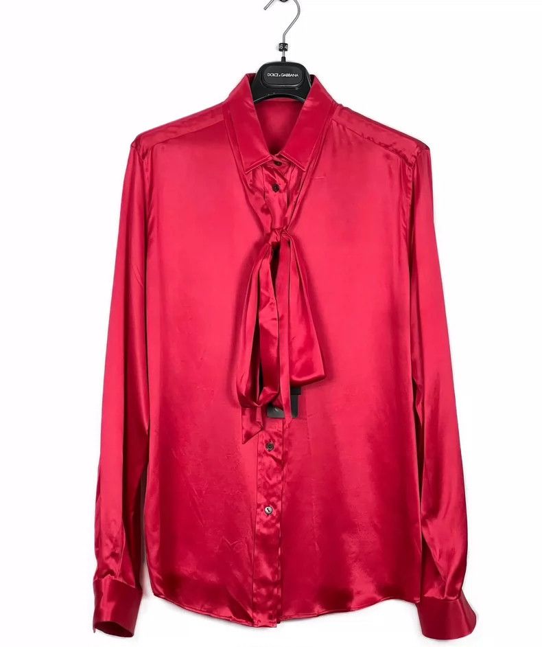 Dolce & Gabbana Red Satin Silk Shirt with Bow Tie Size M / US 6-8 / IT 42-44 - 5 Thumbnail