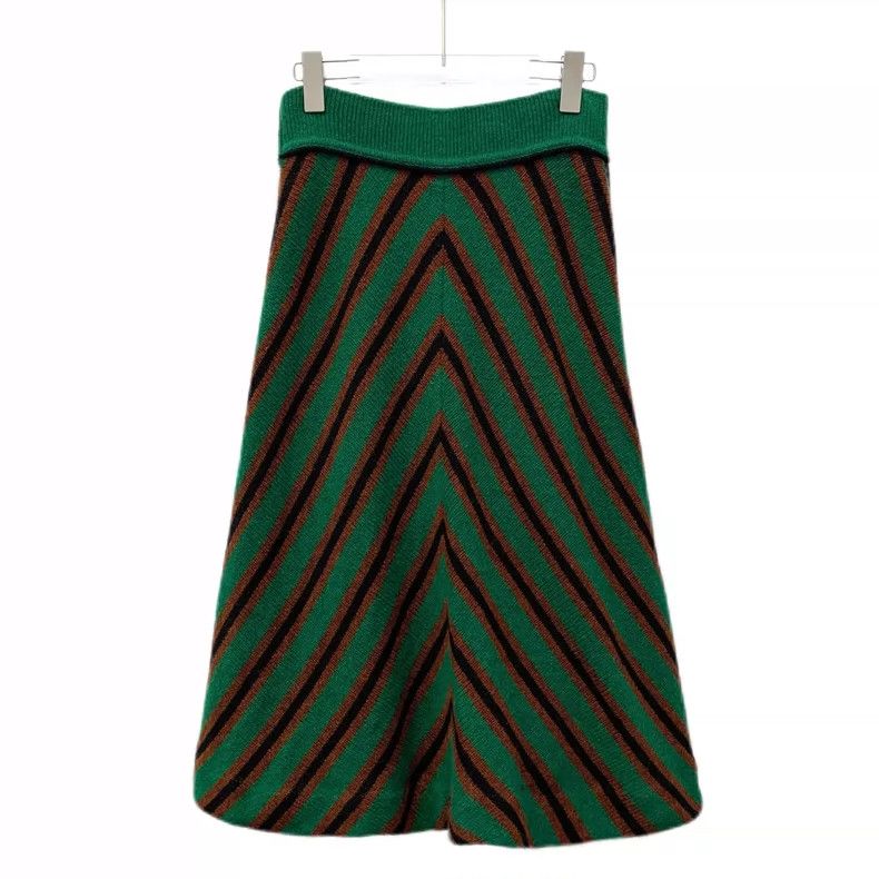 Miu Miu Green Striped Wool Knit Midi Skirt Size 40" / US 18 - 2 Thumbnail