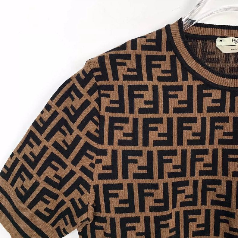 Fendi Brown Logo Knit Short Sleeve Top