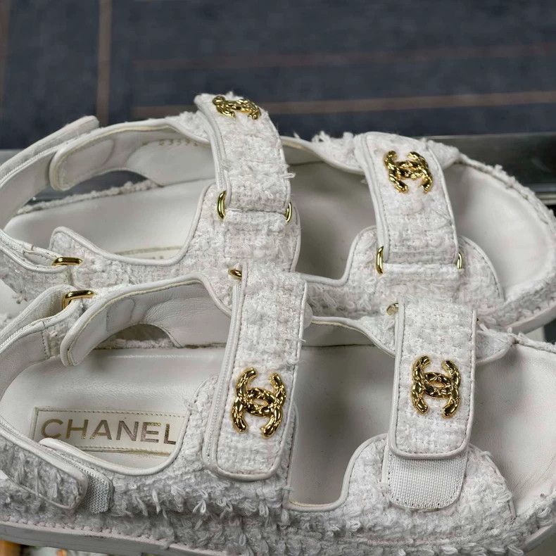 Chanel CHANEL White Tweed Velcro Sandals with Gold Buckles Size US 7 / IT 37 - 5 Thumbnail
