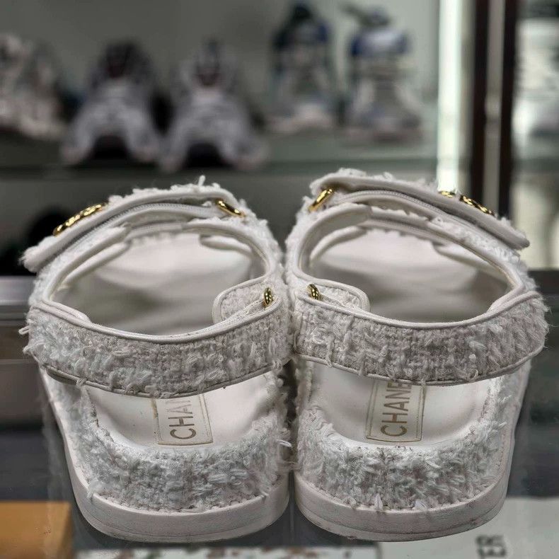 Chanel CHANEL White Tweed Velcro Sandals with Gold Buckles Size US 7 / IT 37 - 4 Thumbnail