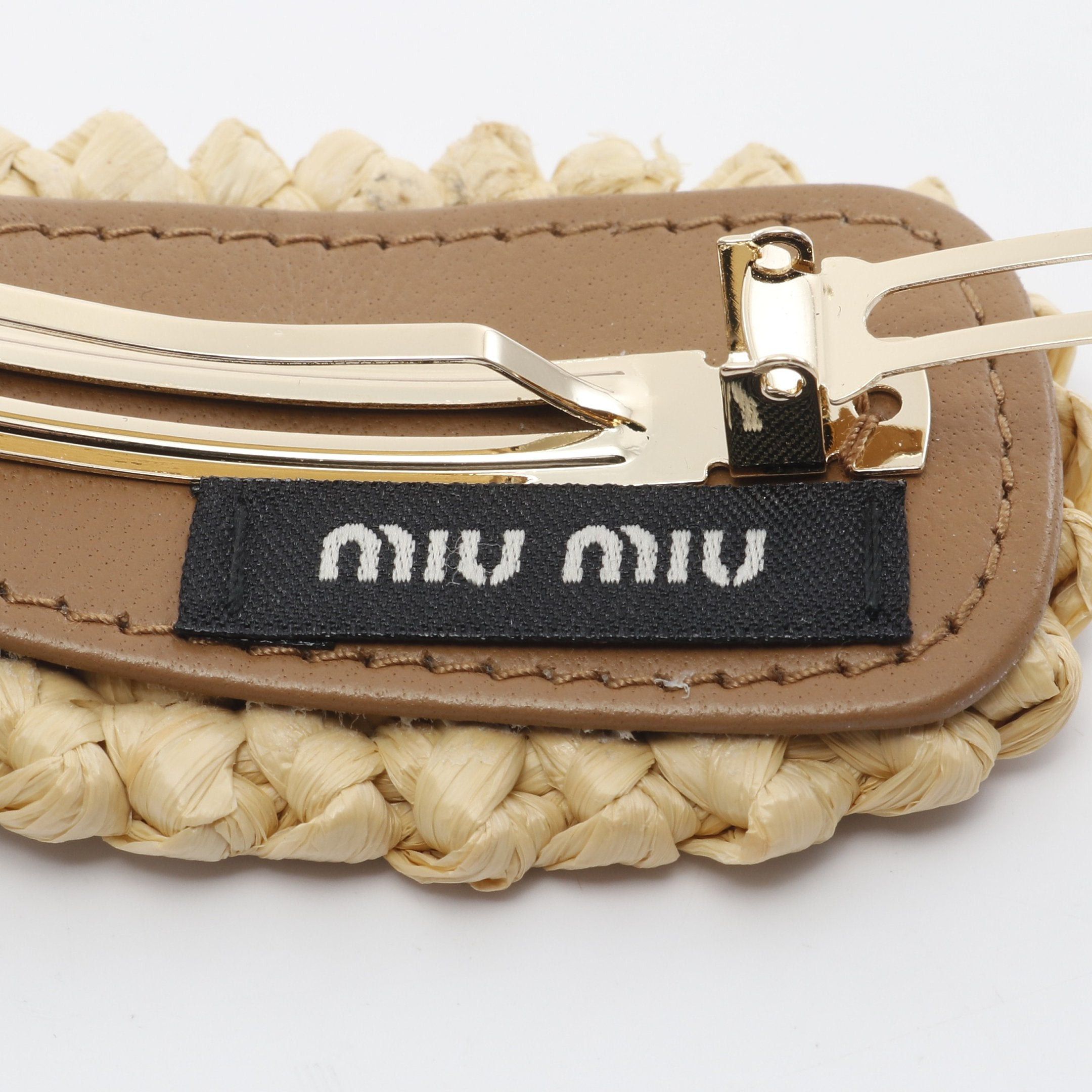 Miu Miu Miu Miu Hair Clip Barretta Logo Raffia Leather Light Beige Size ONE SIZE - 3 Thumbnail