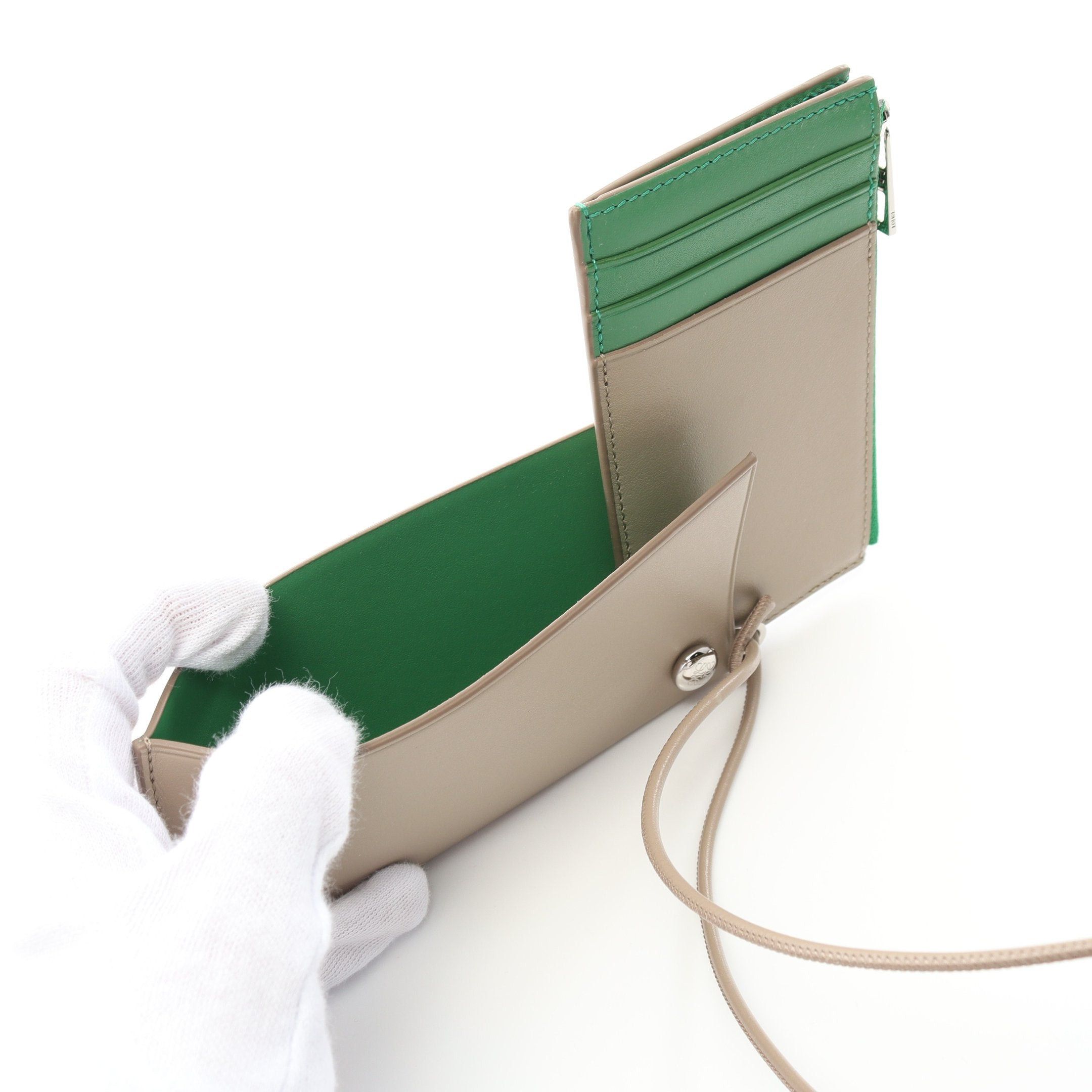 Loewe Loewe Pebble Slider Coin Card Holder Purse Leather Gray Beige Green With Neck Strap Size ONE SIZE - 4 Thumbnail