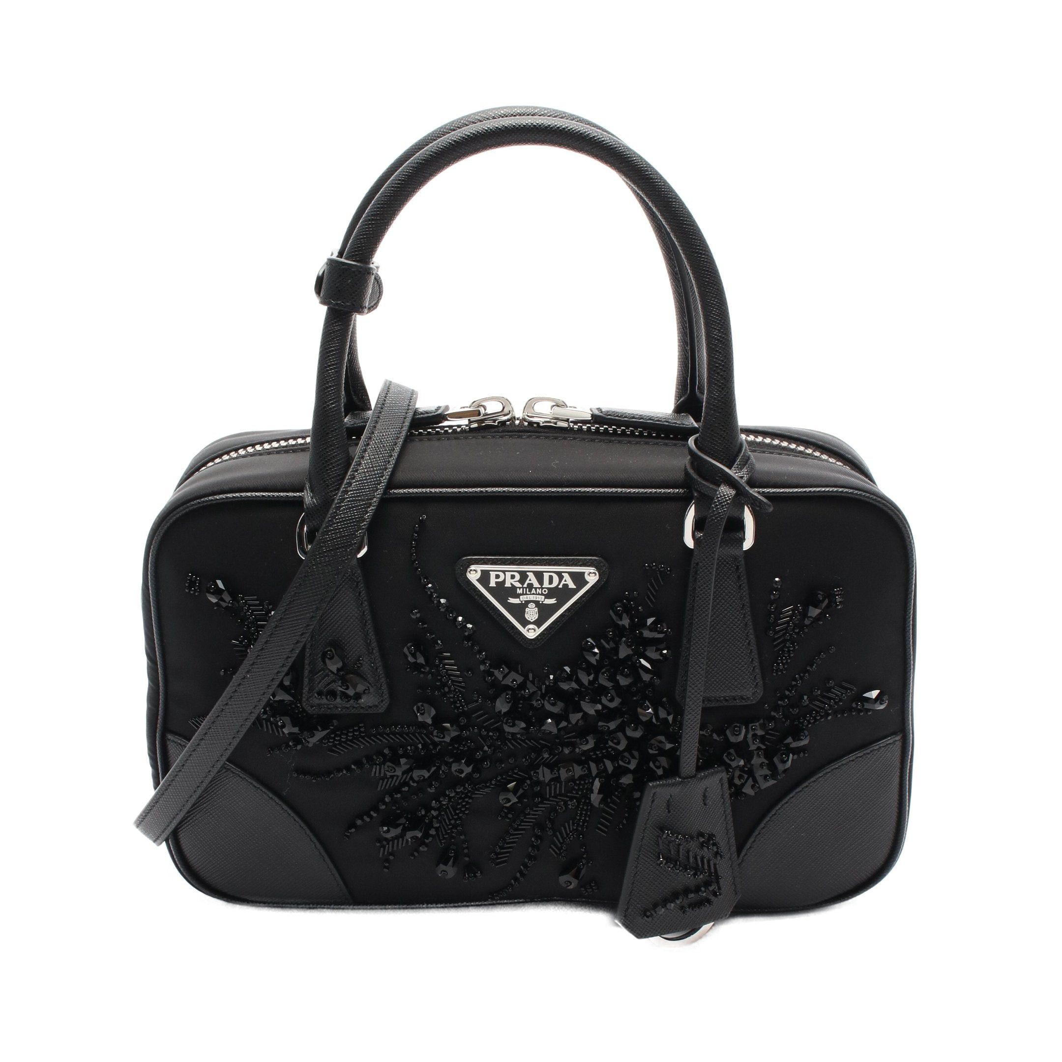 Prada Prada Handbag Bead Embroidery Nylon Saffiano Leather Black Size ONE SIZE - 2 Thumbnail