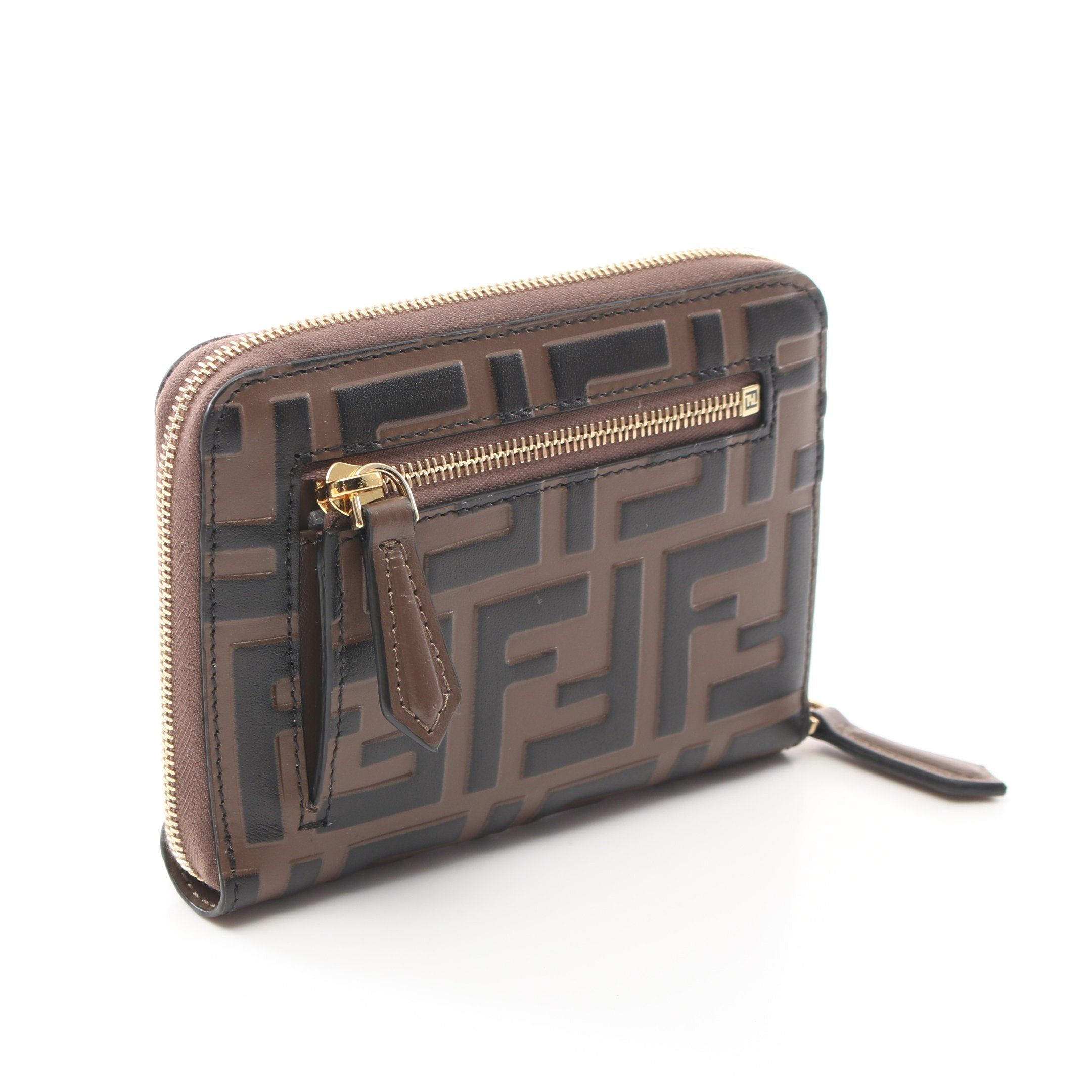 Fendi Fendi Ff Diamond Round Zipper Wallet Leather Brown Black Size ONE SIZE - 2 Thumbnail