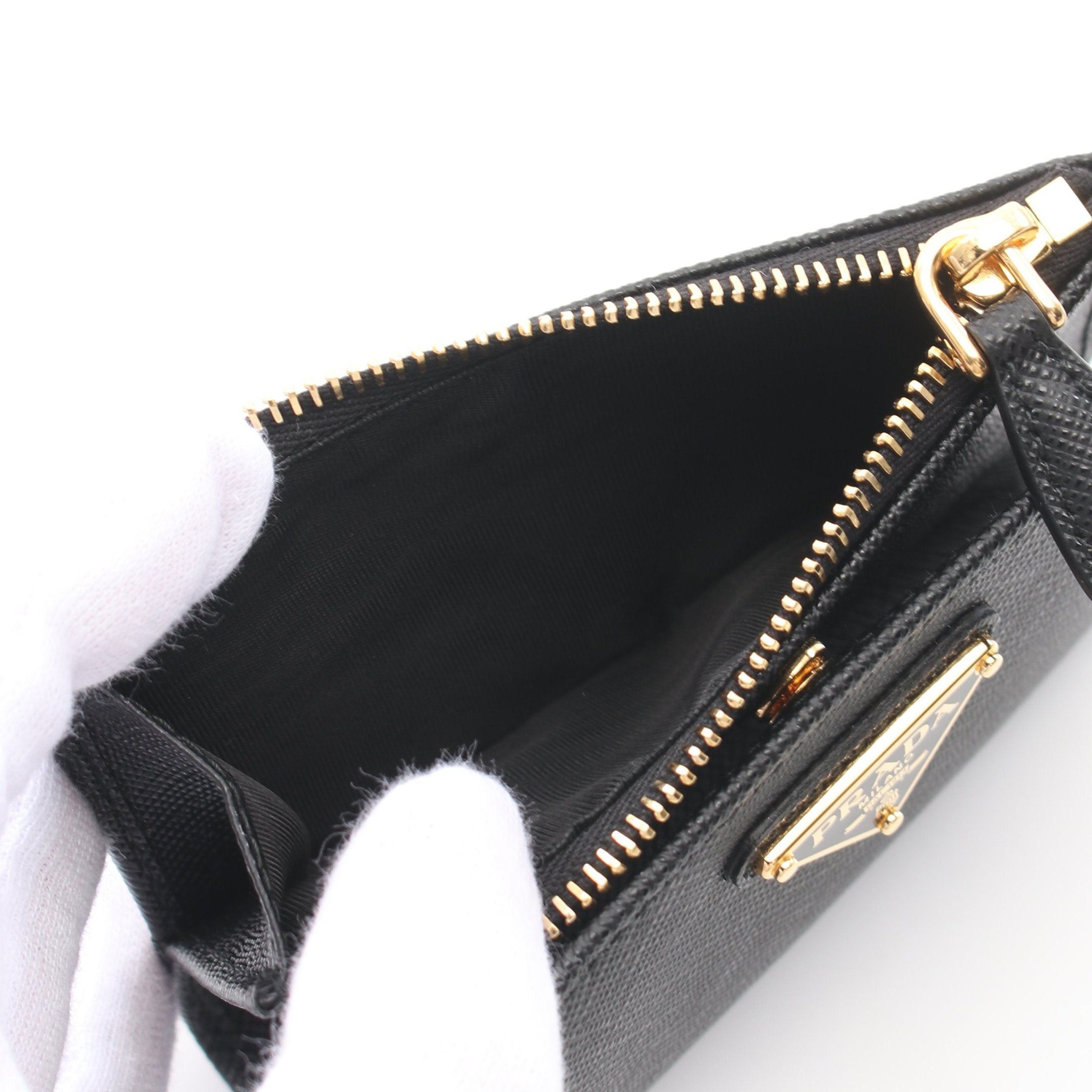 Prada Prada Saffiano Triang Bi-Fold Wallet Leather Black Size ONE SIZE - 4 Thumbnail