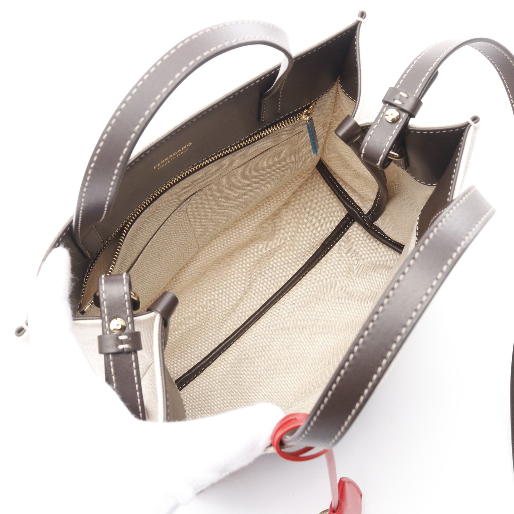Salvatore Ferragamo Salvatore Ferragamo Handbag Tote Bag Embroidery Canvas Leather Beige Dark Brown Multicolor Size ONE SIZE - 3 Thumbnail