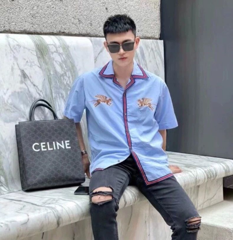 Gucci Gucci Blue Striped Cotton Short Sleeve Shirt - dmc Size US L / EU 52-54 / 3 - 9 Thumbnail