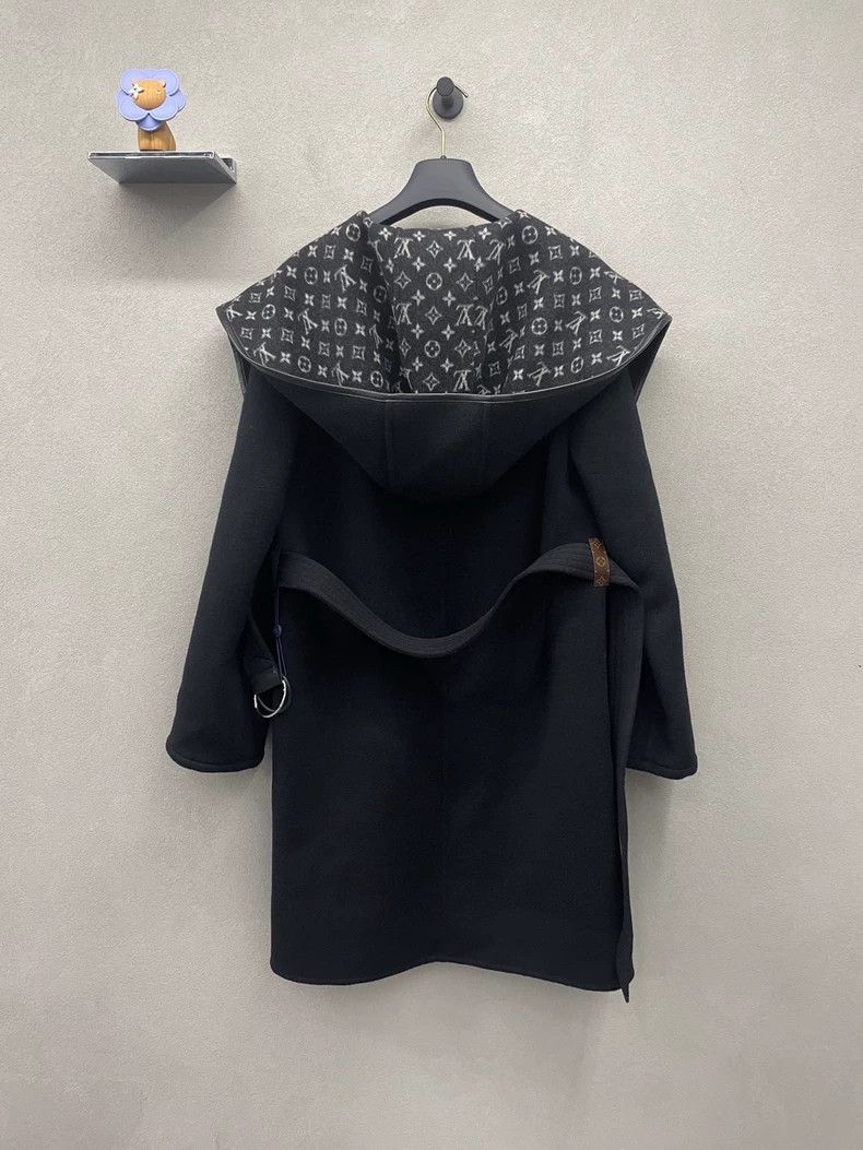 Black Hooded Coat with Logo Print Design dmc