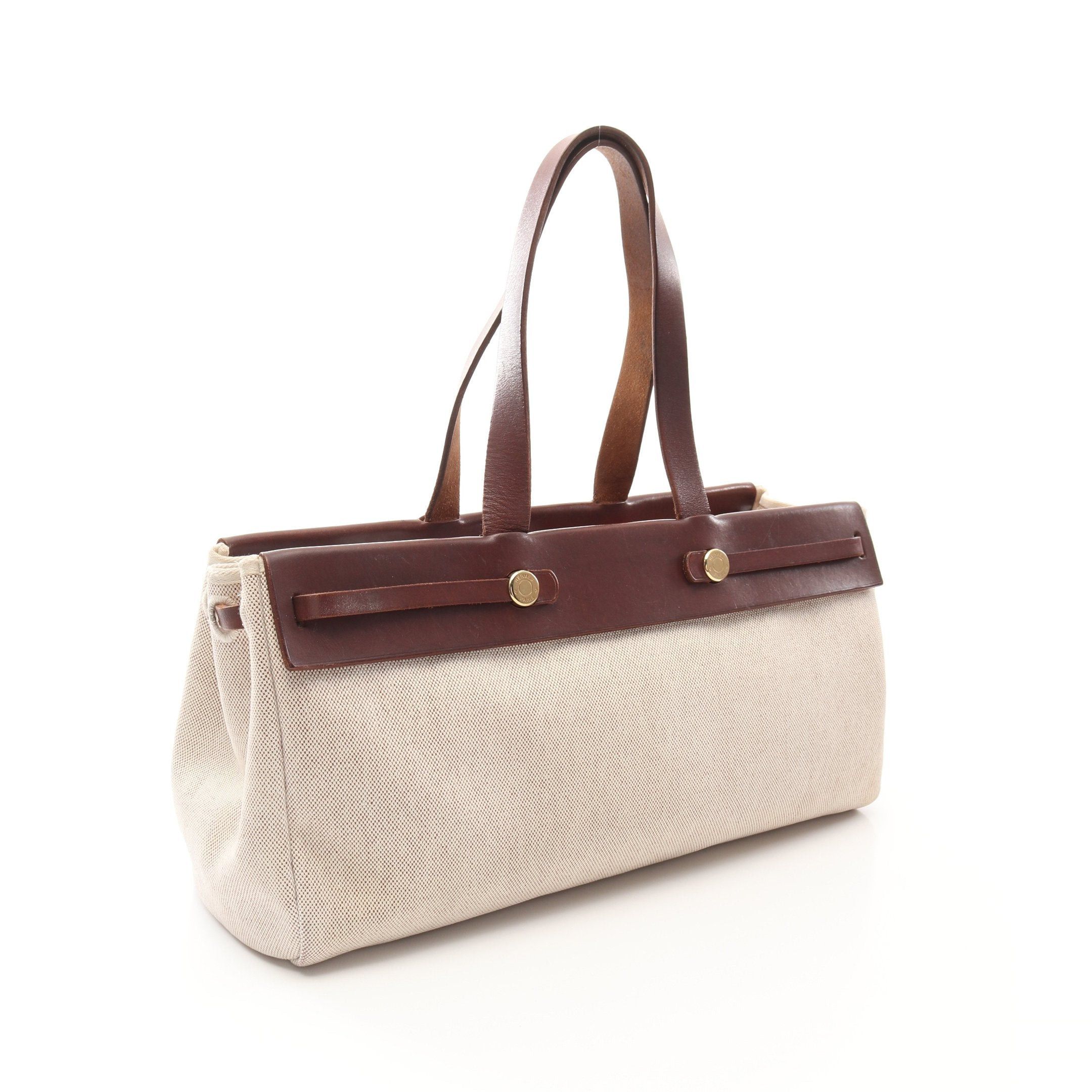 Hermes Hermes Herbag Bag Kabas Gm Handbag Tote Toile Ash Leather Ivory Dark Brown Gold Hardware Stamp (Manufactured Around 2002) Size ONE SIZE - 2 Thumbnail