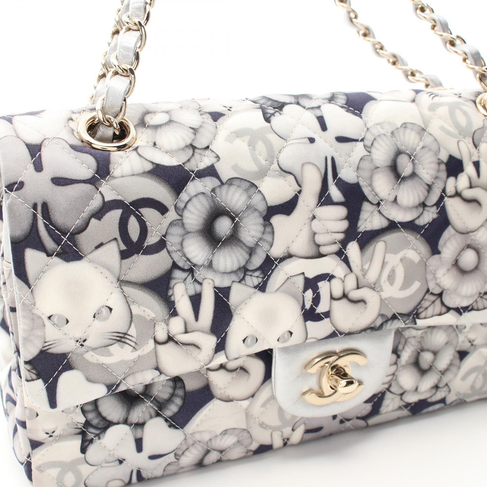 Chanel Chanel Matelasse Double Flap Chain Shoulder Bag Cat Pattern Nylon Lambskin Navy Gray Silver Hardware Size ONE SIZE - 9 Thumbnail