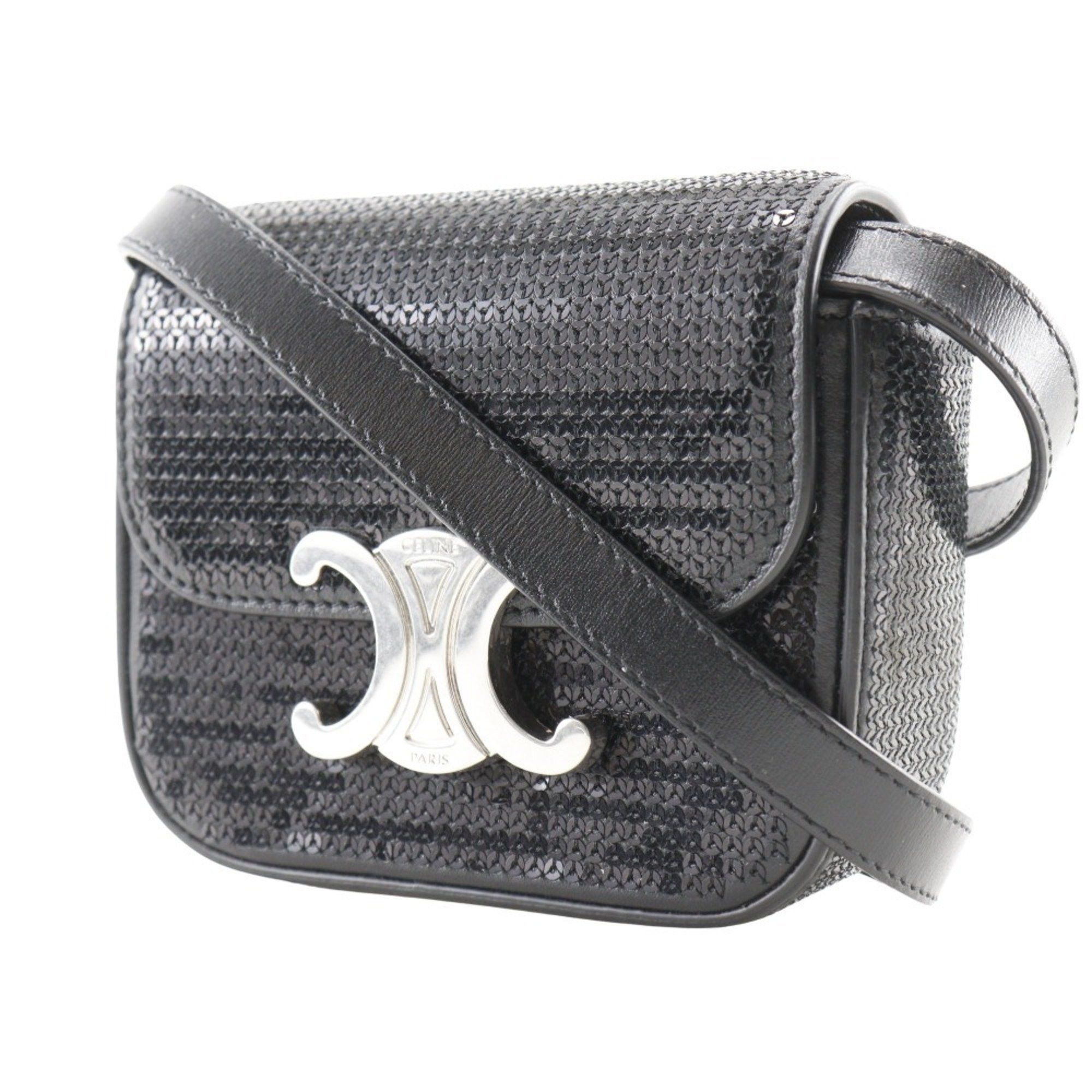 Celine CELINE Mini Triomphe Shoulder Bag Clutch Leather x Sequins Black 2way Snap Button Women's G122025002 Size ONE SIZE - 2 Thumbnail