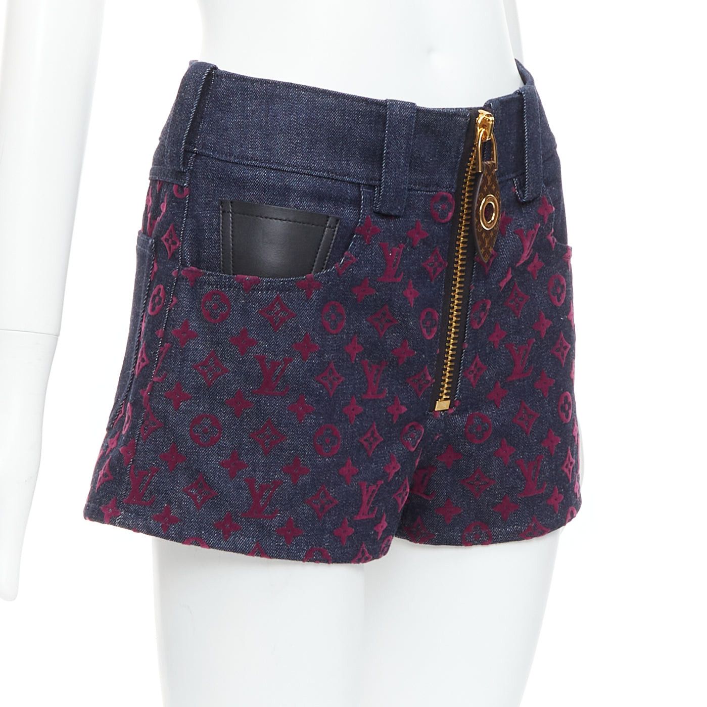 LOUIS VUITTON Flocked Monogram burgundy blue monogram denim shorts XS